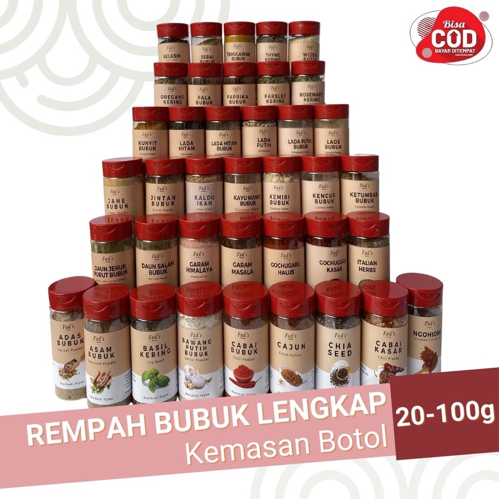 Fad's Bumbu Dapur Bubuk Lengkap Kemasan Botol - Rempah Bubuk Lengkap - Adas Asam Bawang Cabai Ngohiong Daun Jeruk Salam Gochugaru Jahe Jintan Kayu Manis Kemiri Kencur Ketumbar Kunyit Lada Hitam Lada Putih Laos Pala Paprika Selasih Serai Temulawak WIjen