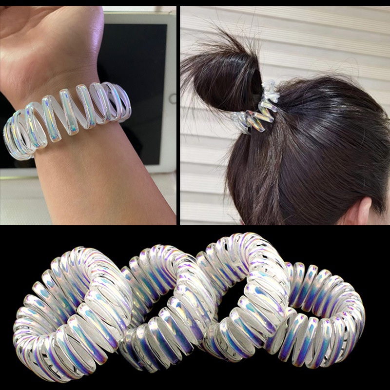 Ikat Rambut Ekor Kuda Model Kabel Telepon Spiral Datar Zigzag Bahan Plastik PVC Untuk Wanita