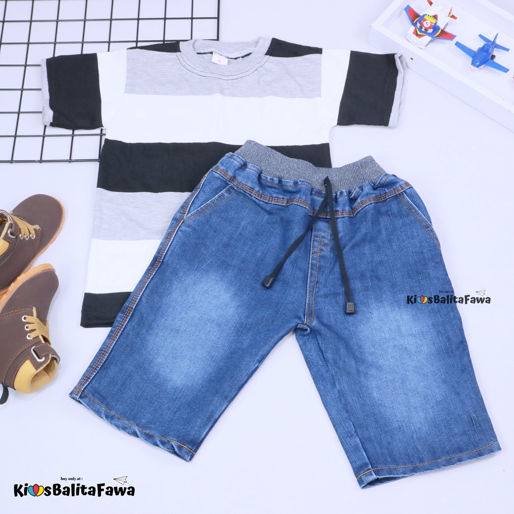 Setelan Salur Jeans uk 5-6 Tahun / Kaos Anak Cowok Celana Jeans Pendek Baju Anak Cowo Murah Pakaian