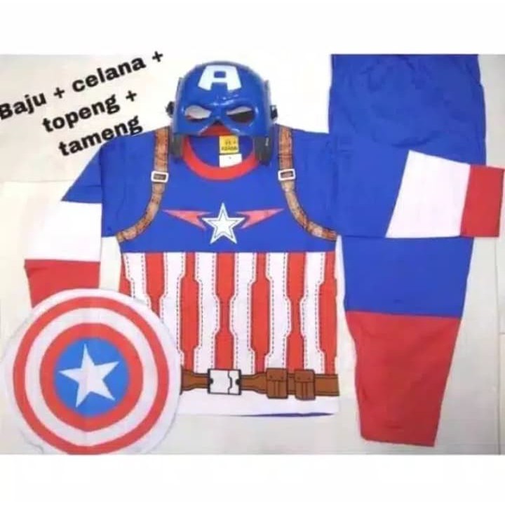 Baju kostum anak captain america azada gratis topeng dan tameng plastik