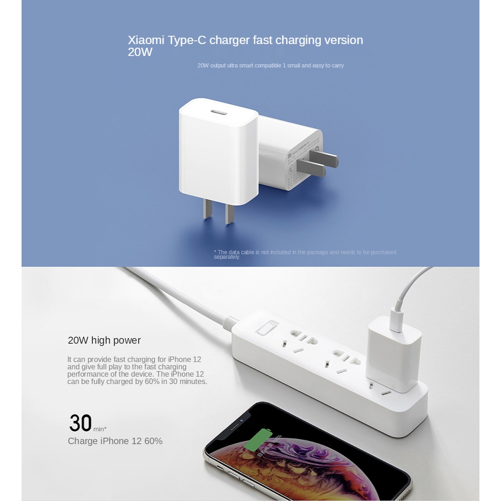 Xiaomi Adapter Charger USB Tipe-C 20W Quick Charging Untuk PD / i-Phone 12pro Max / Mini 11 / QC 3.0