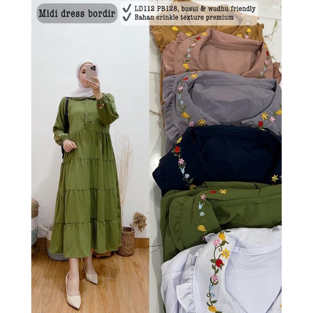 gamis bordir kerah crinkle premium