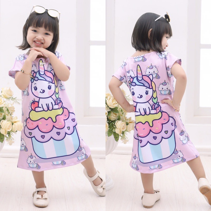 DRESS UNICORN, DRESS SCUBA PRINTING, HOMEDRESS,BAJU ANAK CEWEK,BAJU ANAK LUCU