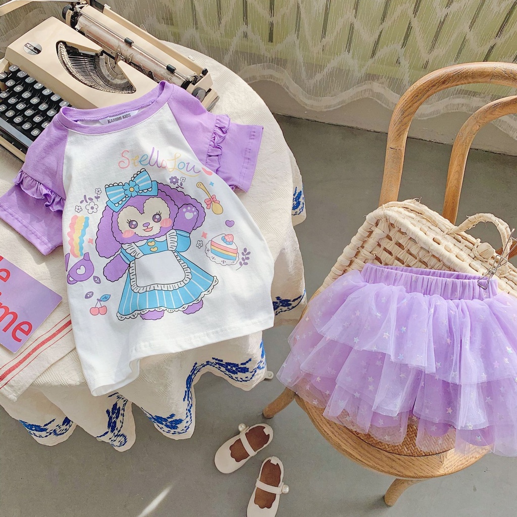 Setelan Anak Perempuan Kaos Stell Lou dan Rok Tutu Mesh Lucu Impor (Gratis Bando)