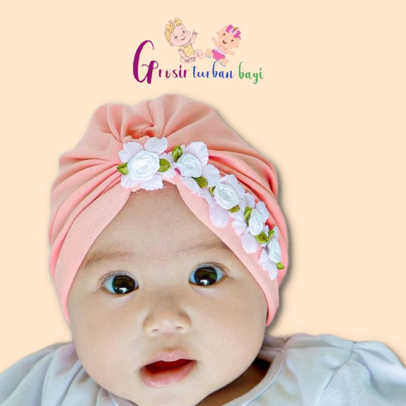 TURBAN BAYI BUNGA KUCAI SAMPING BUNGA WARNA PUTIH/CIPUT BAYI PEREMPUAN/CIPUT TOPI/CIPUT BANDANA/TURB