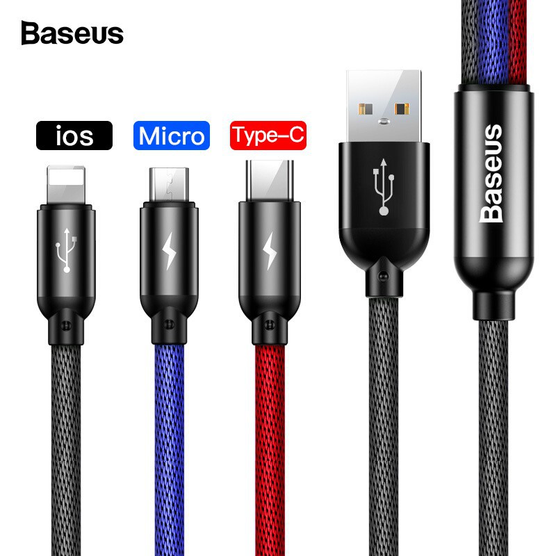 Baseus Kabel Data Primary Colors 3in1 Micro+Lightning+Type-C Quick Charge 3.5a 1.2m