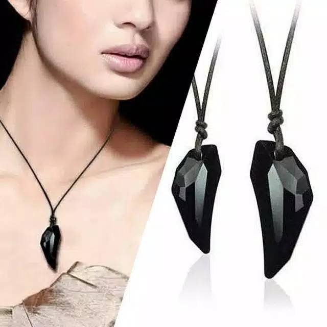 Kalung  Tali Kulit Panjang Liontin Onyx Hitam Pria Wanita