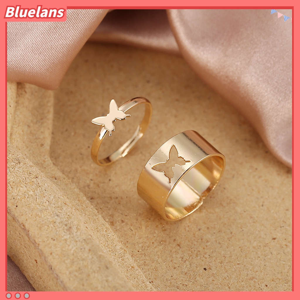 Bluelans 2Pcs Butterfly Opening Alloy Wide Thin Hollow Couple Rings Finger Rings