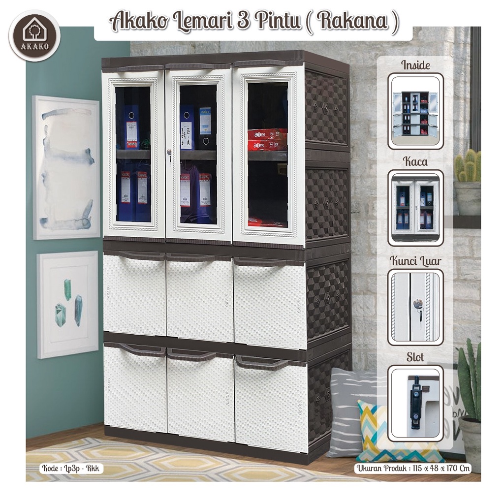 RAKANA - Akako Lemari Hias 3 Pintu + Kaca Kunci Full Rak