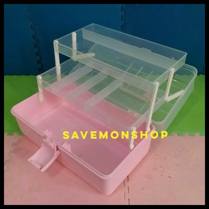 Box Penyimpanan Obat - Box P3K Susun 3 Kotak Portable Jinjing Obat Kosmetik Make Up Pita Pink
