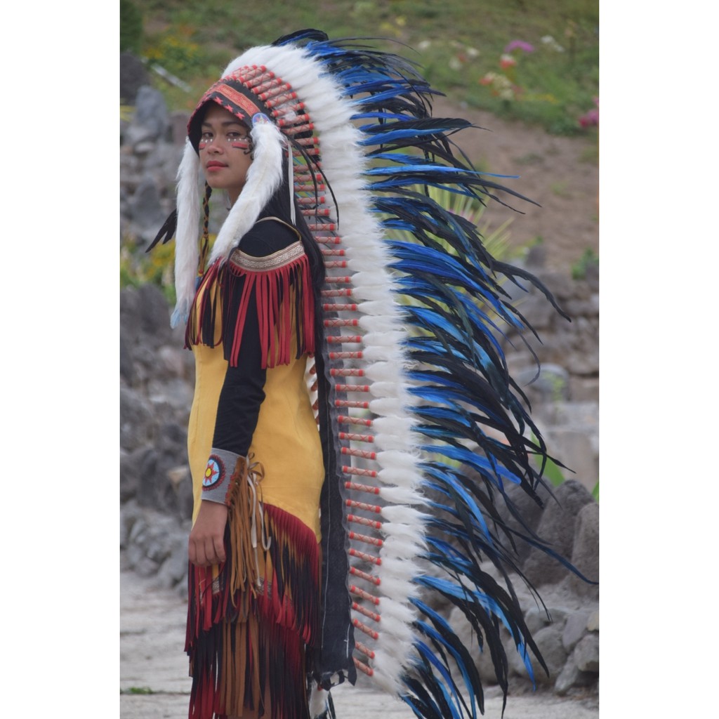 TOPI INDIAN - INDIAN HEADDRESS LONG AYAM BILABONG BIRU FUR PUTIH