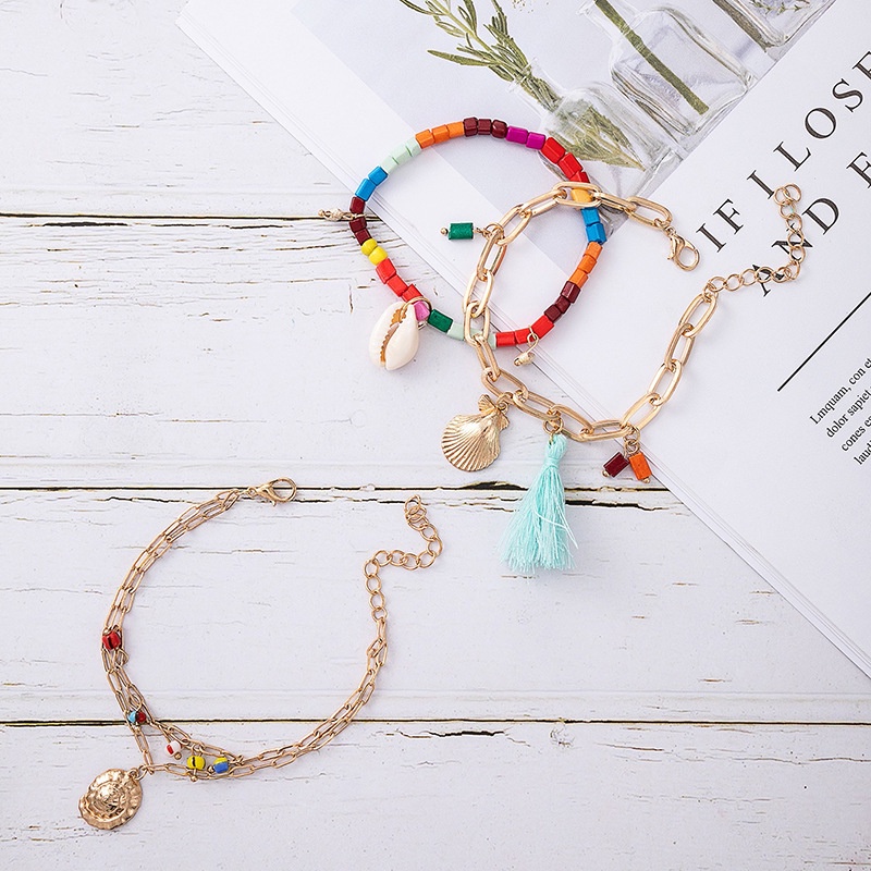 4pcs / set Gelang Kaki Rantai Emas Hias Manik-Manik Kerang Rumbai Warna-Warni Gaya Bohemian Untuk Wanita