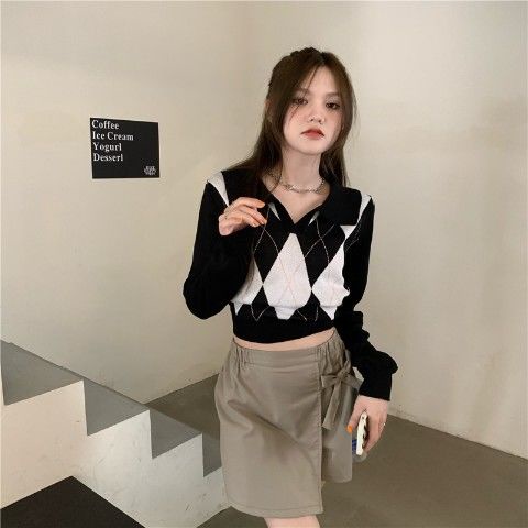 YIU YIU Rajut - Polo Shirt Sweater Rajut Crop Top Tartan Wanita Lengan Panjang Korean Style