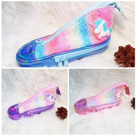 TEMPAT PENSIL SEPATU GRADASI UNICORN - PENCIL CASE SHOES GRADATION PONY METALLIC PELANGI