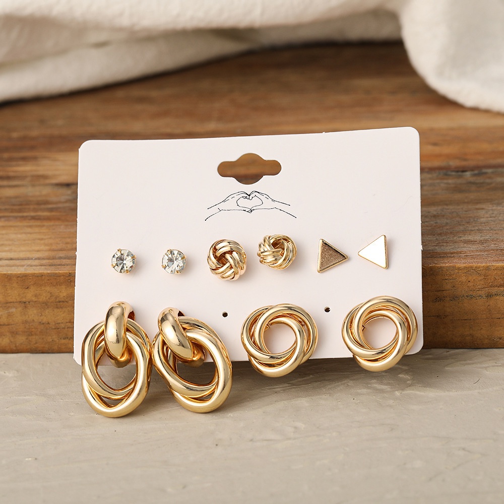 Set Anting Stud Bentuk Lingkaran Geometris Segitiga Bahan Logam Aksen Berlian Untuk Wanita