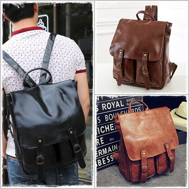 BB102 Tas Ransel Kulit Pria Wanita Korea Backpack Tas Kampus Travel