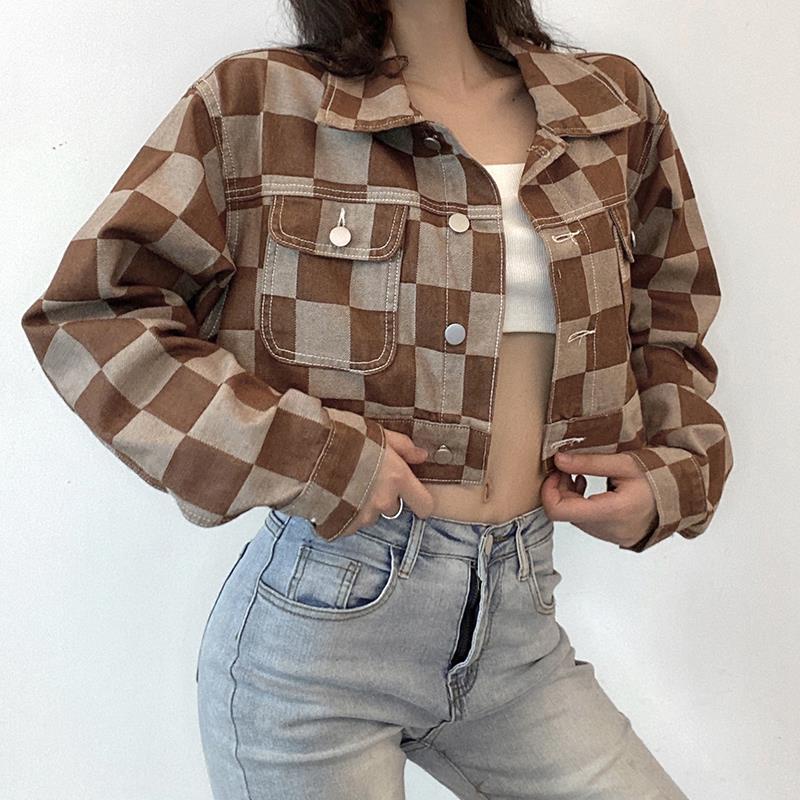 jaket korean style wanita retro plaid denim jacket women s high waist jacket loose short top