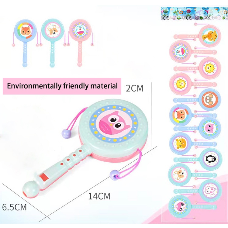Mainan Edukasi Dini Bayi 0-3 Tahun Rattle Drum Plastik Motif Kartun Warna Acak