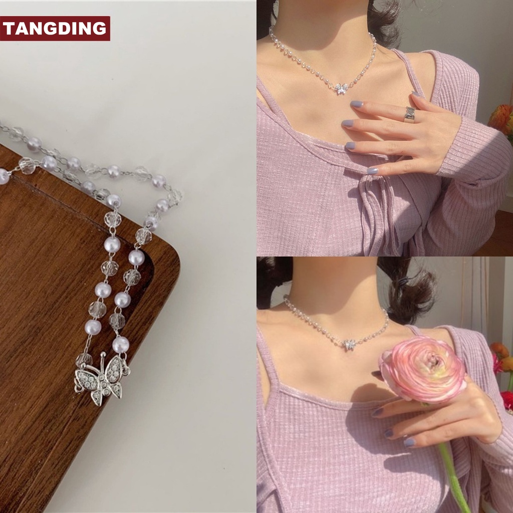 【COD Tangding】Crystal Pearl Butterfly Necklace Clavicle Chain Female Fashion Accessories Jewelry