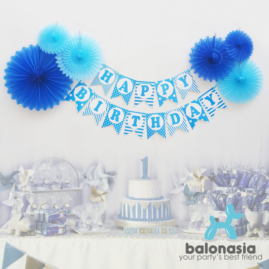 Balonasia Dekorasi Backdrop Set Ulang Tahun Biru Garis 