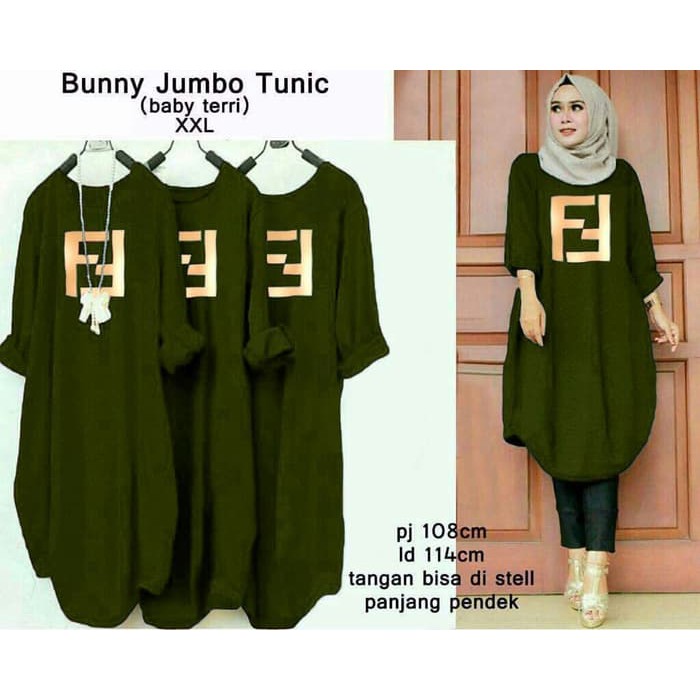 [TUNIK FENDI ARMY SL] Tunik wanita babyterry hijau army