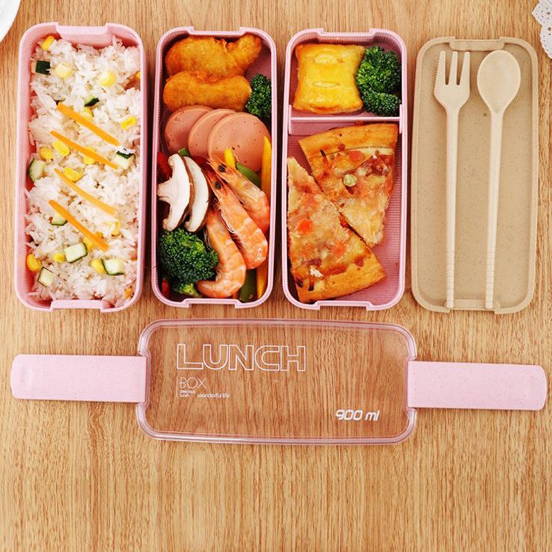 kotak penyimpanan/Kotak Makan 3 Layer Healthy Bento Lunch Box 900ml with Spoon &amp; Fork - Green