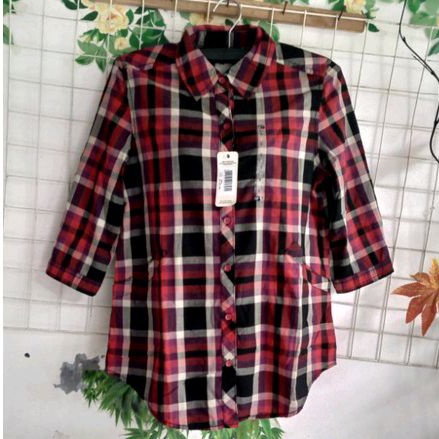 Kemeja wanita lengan 3/4 motif kotak saku/10pm