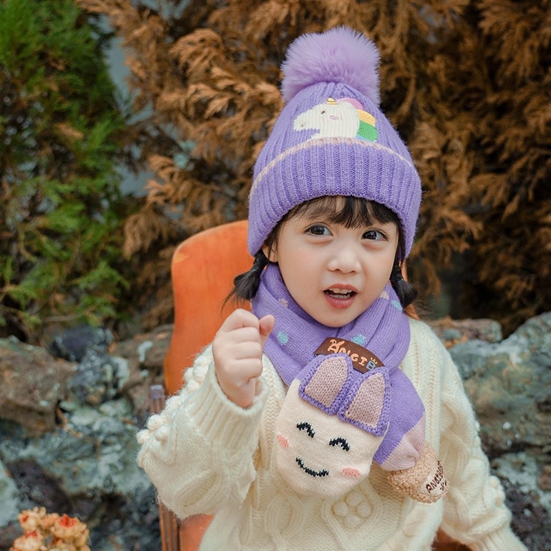 Beanie set kids topi syal winter anak kupluk musim dingin balita hangat import cute lucu penghangat leher kepala cowok cewek dino rabbit