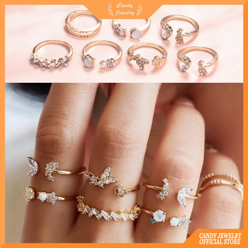 7pcs / set Cincin Wanita Desain Bunga Butterfly Hias Kristal / Berlian Gaya Korea / Retro Untuk Pernikahan / Hadiah