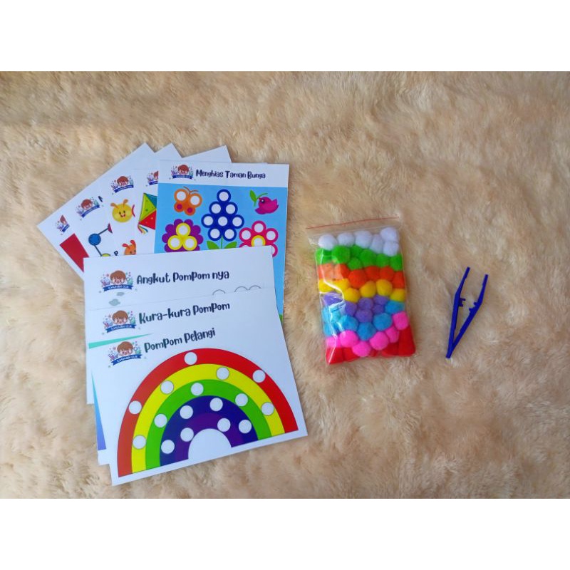 Paket Worksheet Pompom Bola Bulu Warna Tweezer Motorik Sensory Montessori Mainan Edukasi Balita