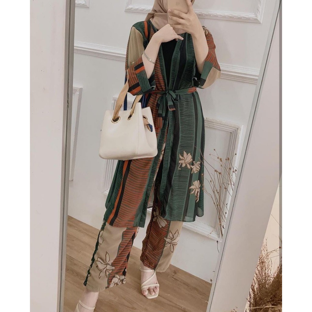 MS 281-7 / Long Cardigan + Celana Set wanita katun premium adem halus motif corak jogja bali baju ha