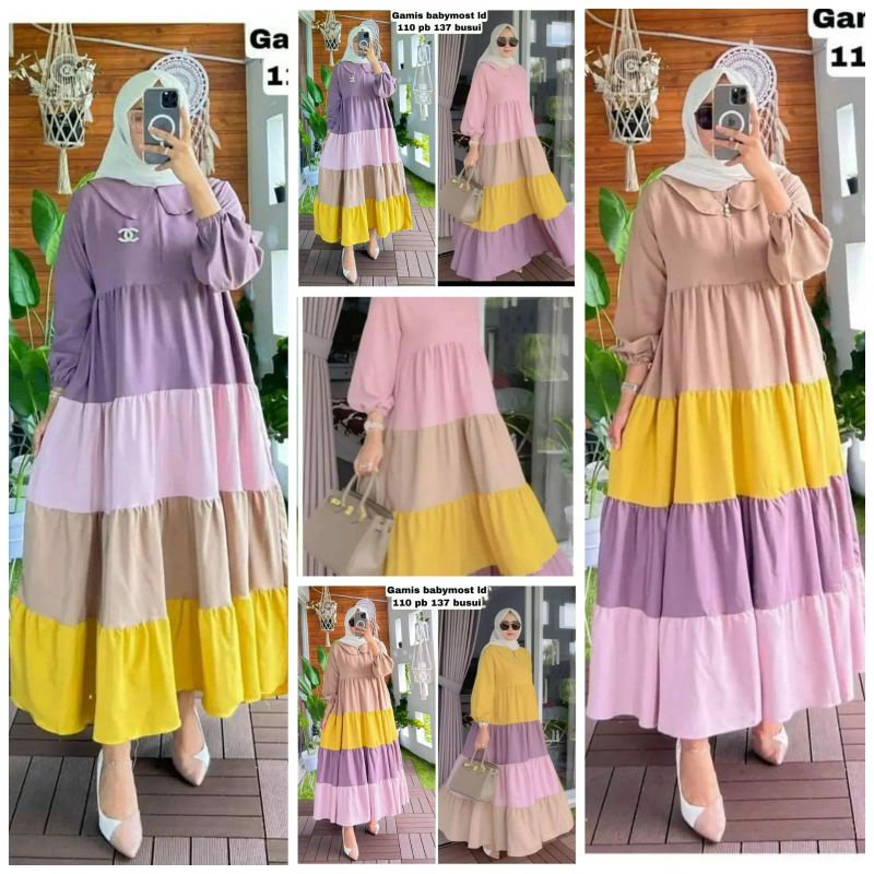 KEKINIAN GAMIS MIDI SUSUN BABYMOST || Dress susun pelangi lengan panjang || Dress Susun Kombinasi ||