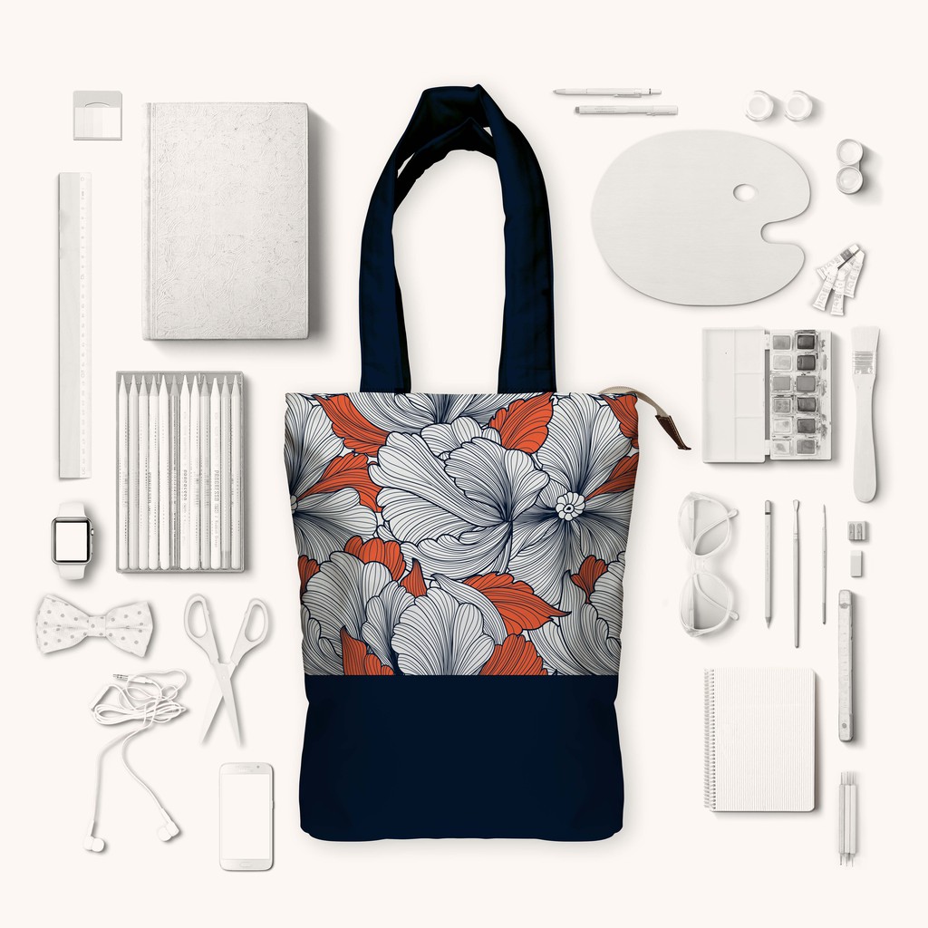 Tote Bag Kanvas Bloem Navy