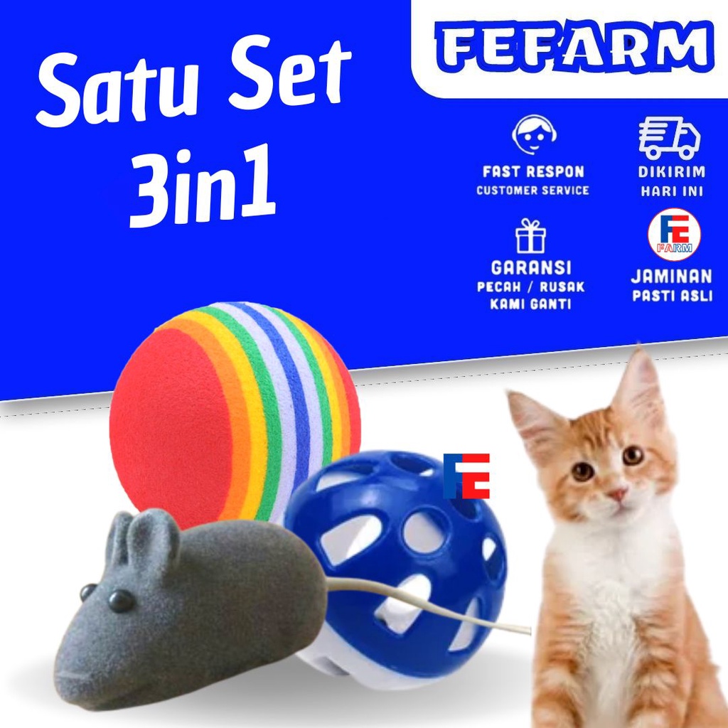 Mainan Kucing Cat Toys 3 in 1 Set Hemat Tikus Bola Bola Kemrincing FEFARM