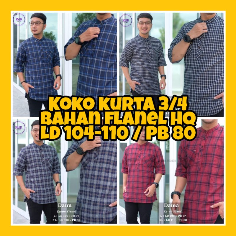 Baju Koko Kurta Pria Dewasa Lengan 3/4 Terbaru Bahan Flanel Motif Kotak-kotak Premium Halus LD 110 U
