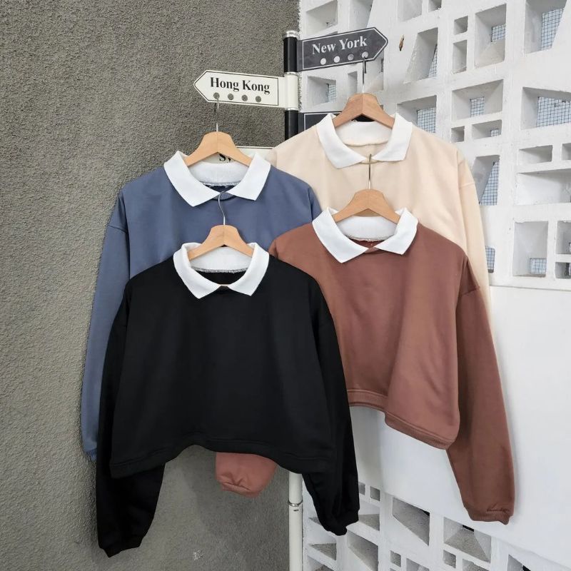 collar crop top sweater polos | sweater wanita kekinian