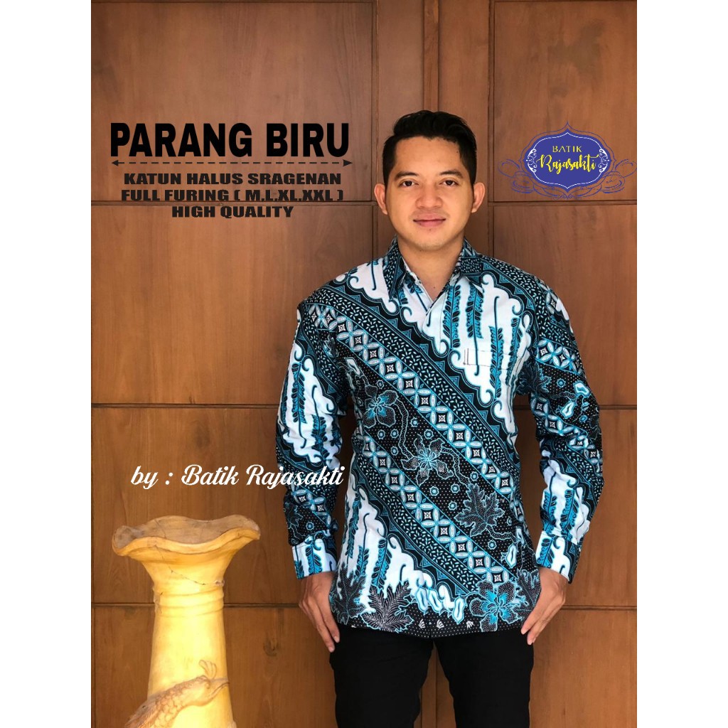 PARANG BIRU Kemeja Batik Pria Lengan Panjang Katun Halus FULL FURING Rajasakti