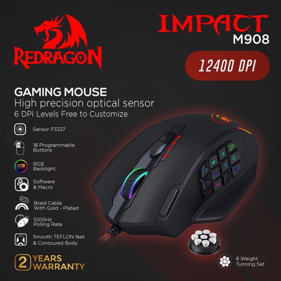 Redragon M908 Mouse Gaming MMO Ergonomis 12400 DPI RGB Backlight