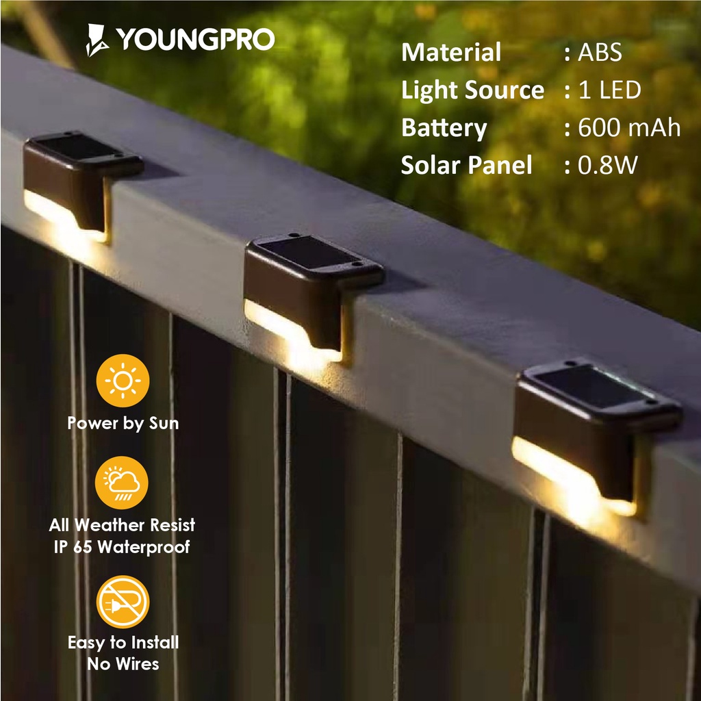 YOUNGPRO YDE-01 - ( Garasi 12 Bulan ) Lampu Taman Tenaga Surya Lampu Hias Outdoor Solar Deck Step Light Lampu Minimalis Hemat Energi Lampu Pagar Lampu Tanpa Kabel Menggunakan Polycrystalline Solar Panel Tahan Air IP65