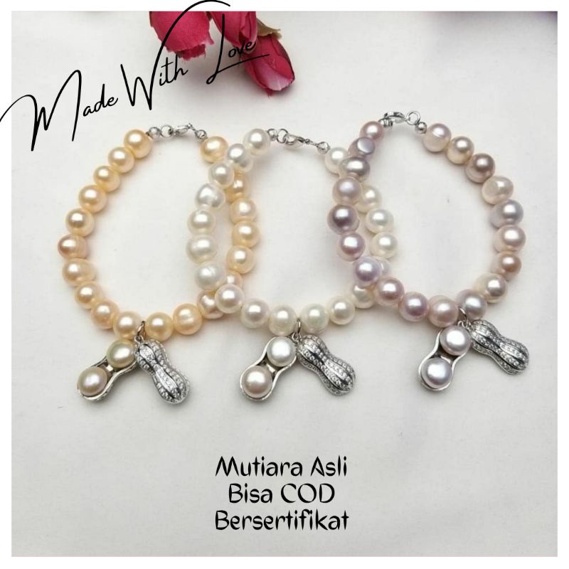 Gelang Mutiara Asli Lombok Bersertifikat | Gelang Wanita Liontin Kacang Mutiara Asli Lombok