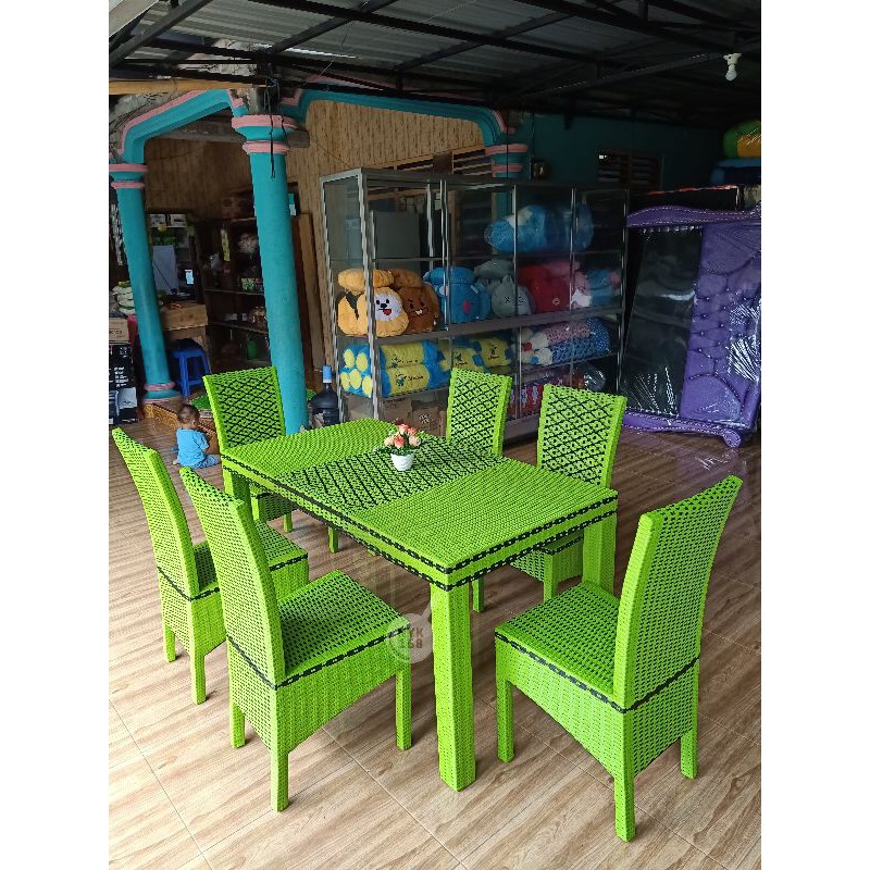 meja makan rotan kursi 6