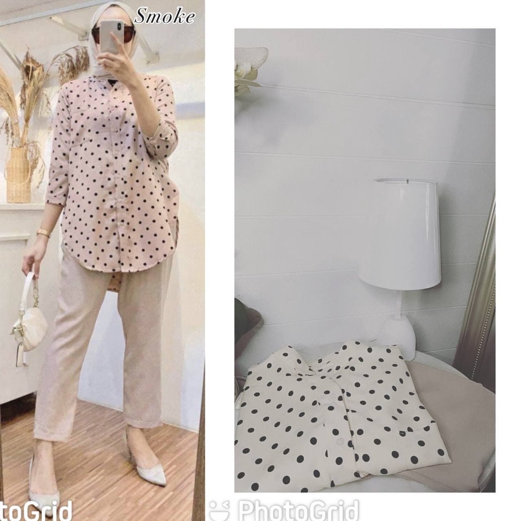 One Set Isla Renata Polkadot Shakila Kield Premium Baju Setelan Wanita Kekinian Set Celana Baggy Pants LD 110 cm