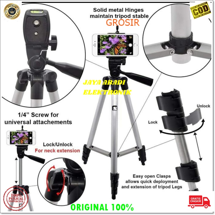 J150 ORIGINAL TRIPOD KAMERA KAKI TIGA HOLDER HANDPHONE CAMERA PENOPANG PANJANG 1 METER STAND STANDING GANTUNGAN HANDPHONE MULTI UNIVERSAL MAMPU MENAHAN BEBAN 4 - 4KG KOKOH KUAT ANTI JATUH ANTI KARAT PENOPANG  MEREKAM STANDING ALUMINIUM METAL PANJANG