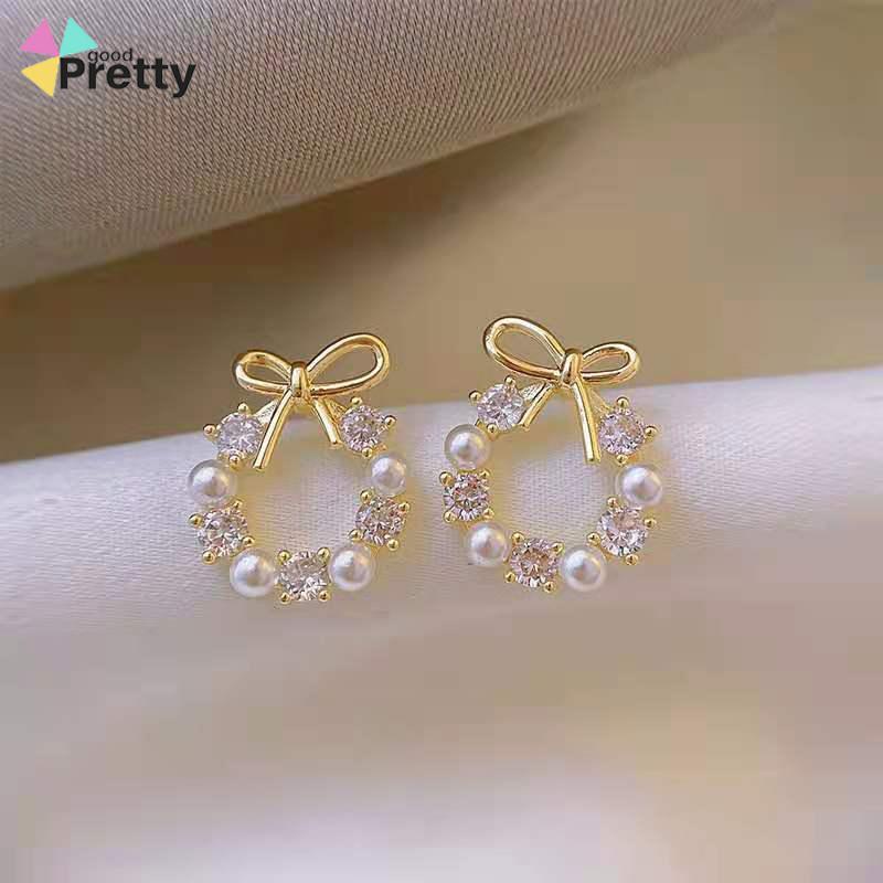 Anting titanium Fashion Korea Berlian anting Mutiara Sepasang Garland anting emas Aksesoris