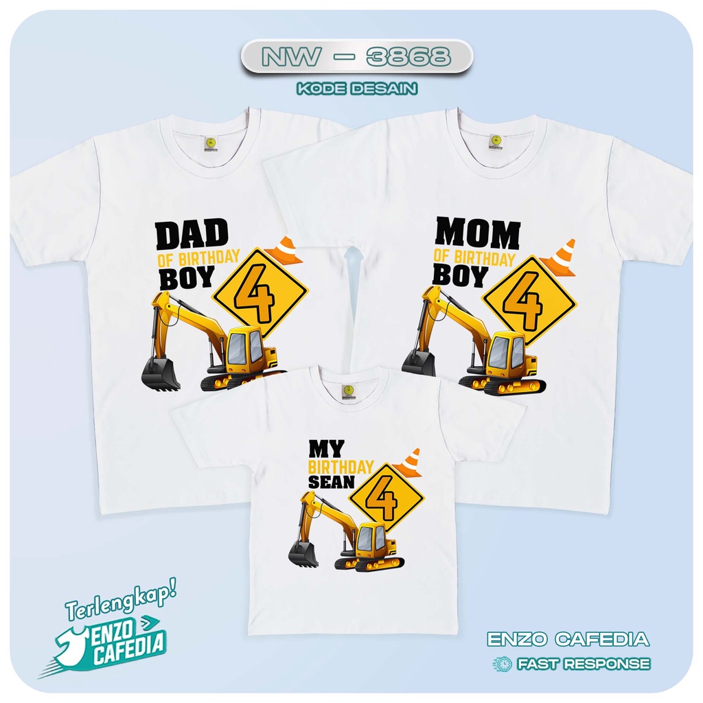 Baju Couple Keluarga | Kaos Family Ulang Tahun | Kaos Tema Excavator NW 3868 | Gratis Custom | Kaos 