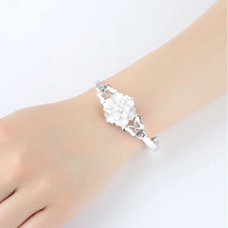 Gelang perak sterling 925 untuk bunga wanita perhiasan fesyen gelang tekan-tarik