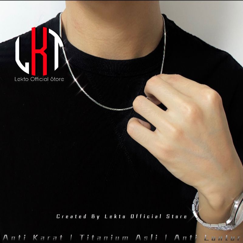 EXTRA DISKON Kalung Titanium Pria Anti Karat Silver Asli Original Wanita Perak Putih Model Kotak Kal