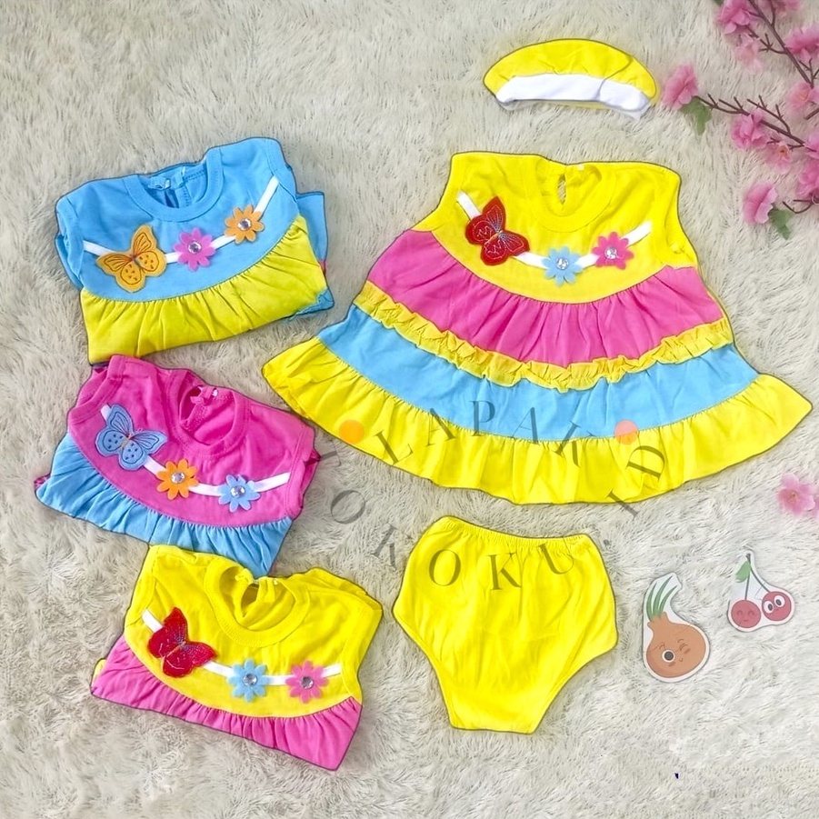 Setelan Baju Bayi Perempuan + Topi (0-12 Bulan) Dress Baju Bayi Perempuan Rok Bayi Bando Bayi Bandan Bayi Baju Celana Bayi