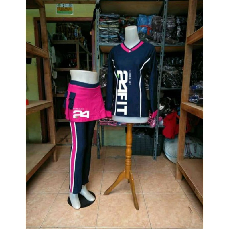 Setelan senam muslim bahan spandex denim hitam rok pink/ baju senam olahraga wanita