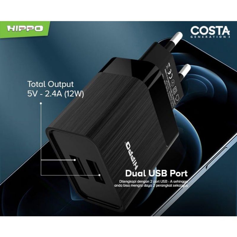 Hippo Kepala Adaptor Charger Costa Gen 3 2 USB Port 2.4A